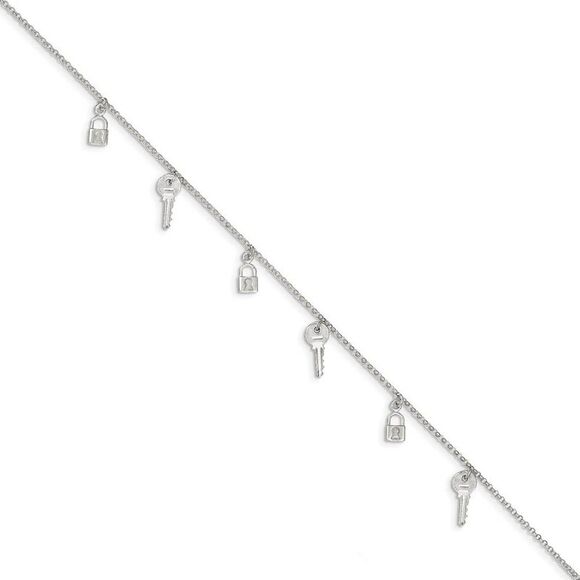 Sterling Silver Lock and Key Charm Anklet, 10 Inch - Picture 2 of 5